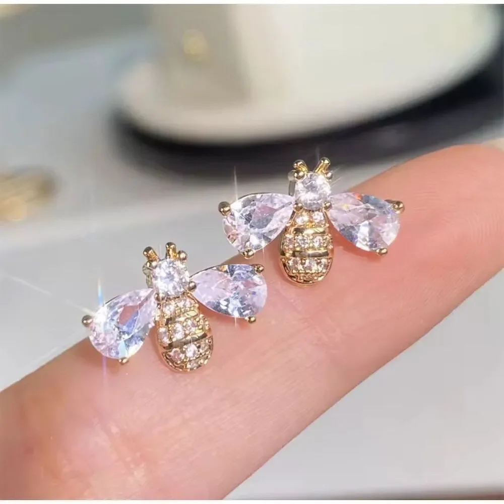 Gold-Tone Bee Stud Earrings Cubic Zirconia Chic Party Gift Birthday